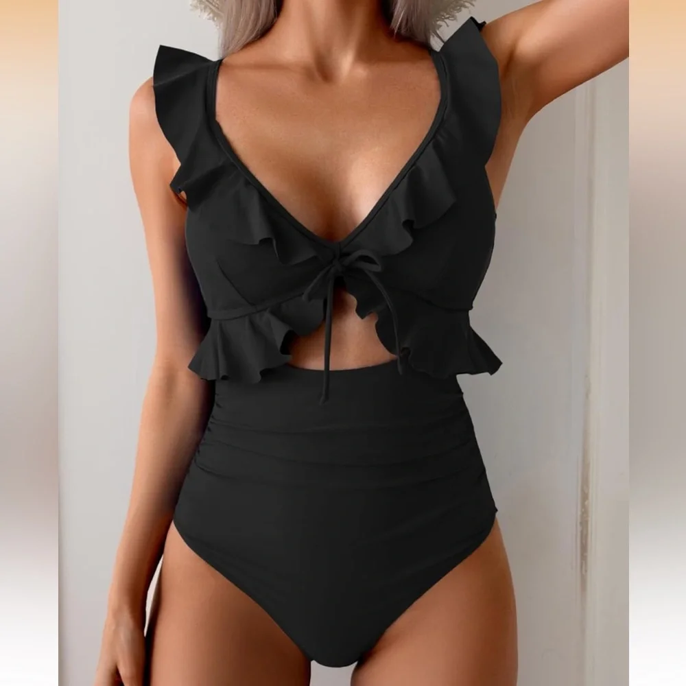 NWOT One Piece Tummy Control Ruffle V Neck Ruched Slimming Cutout Swimsuit Black - Picture 1 of 6